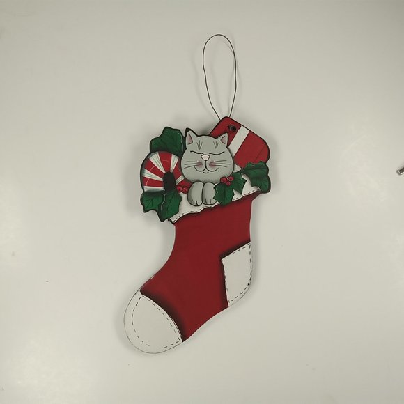 Kitty Cat in Stocking Holly Wooden Country Rustic 7.5" Christmas Tree Ornament - Picture 1 of 4